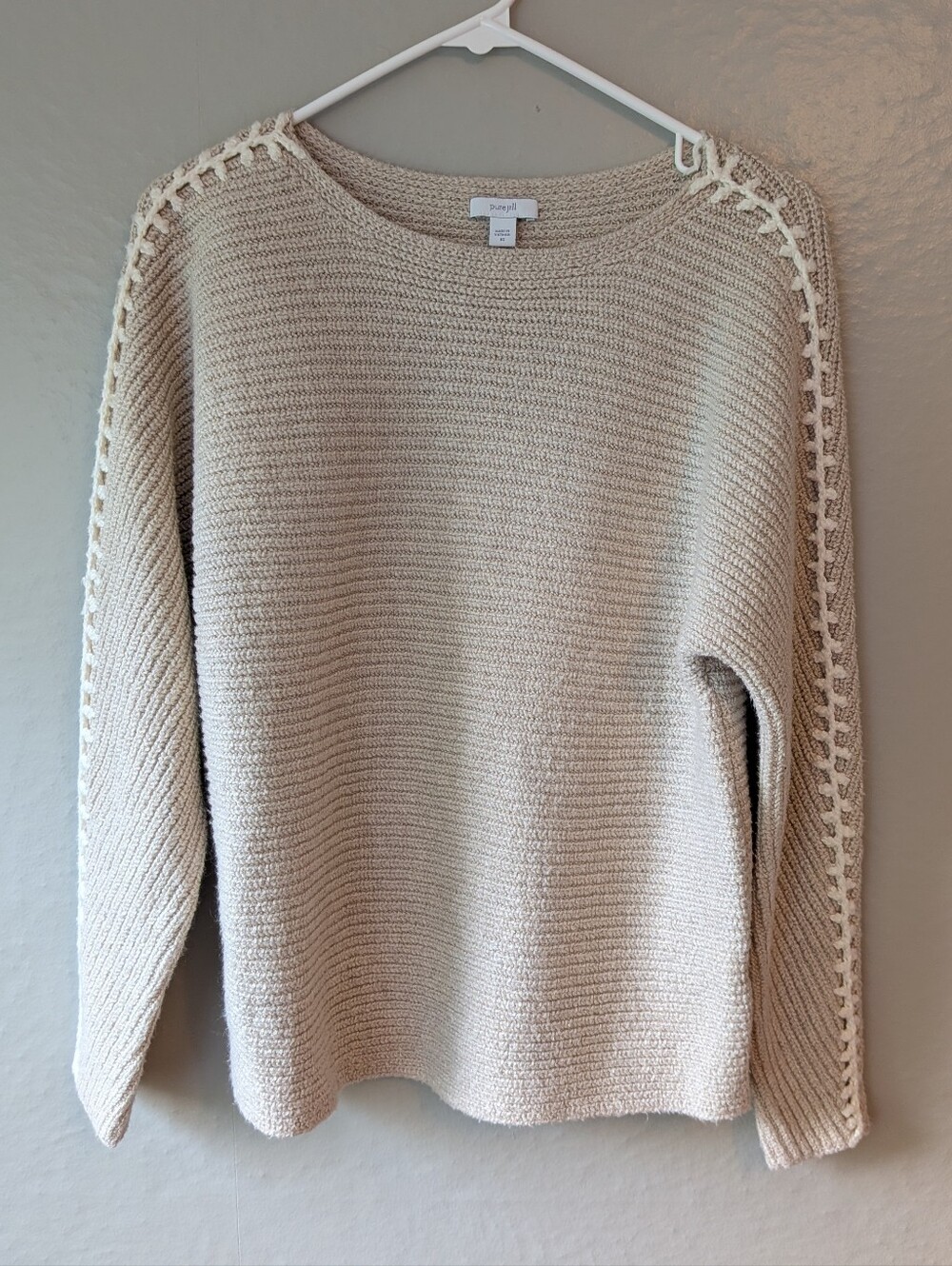 Pure Jill Hand Stitched Boatneck Crochet-Trim Crewneck Sweater
